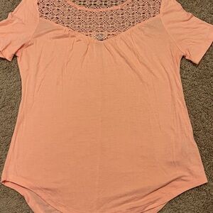 Old Navy Peach Pink Short Sleeve Top with Crochet Lace Yoke